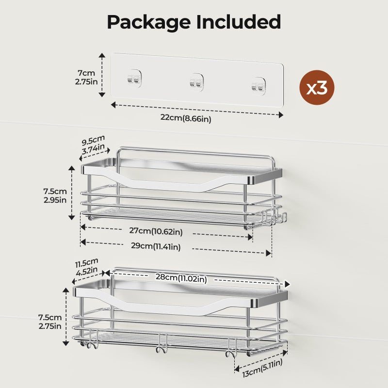 Orimade Shower Caddy Basket Shelf Storage Rack Pack of 2, No Drilling Wall Mounted Adhesive Rust Proof Stainless Steel Shower Organizer with 5 Hooks for Bathroom, Toilet, Kitchen - Image 2